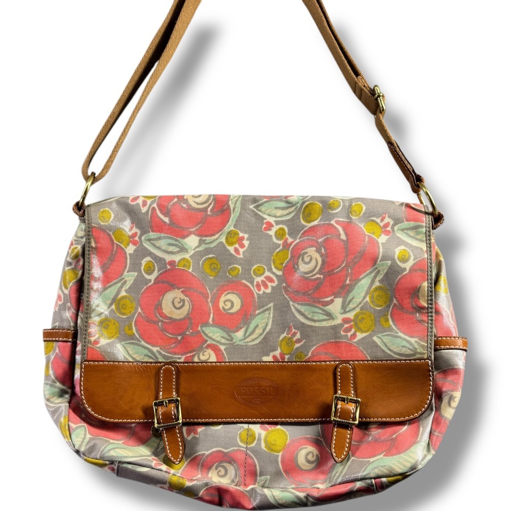 Fossil XL Foldover Multi Color Crossbody Tote 17X12 Leather/Vinyl Floral Snap